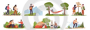 Cartoon hiking characters. Male and female tourists expedition, travelling on nature, people sitting by fire, resting in