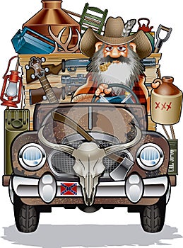 Cartoon of hillbilly driving rusty pick up truck