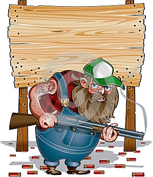 Cartoon of hillbilly in front of wooden sign