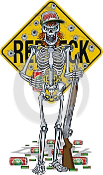 Cartoon of hillbilly skeleton in front of sign, holding beer can and shotgun