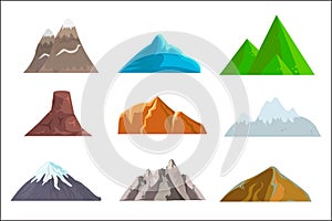 Cartoon hills and mountains set, vector isolated landscape elements