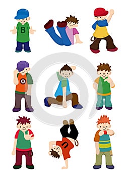 Cartoon hip hop boy dancing icon set