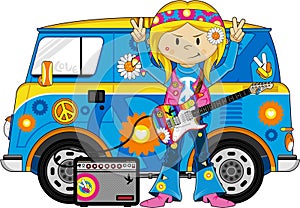 Cartoon Hippie with Camper Van
