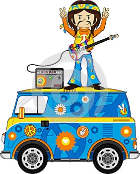 Cartoon Hippie with Camper Van