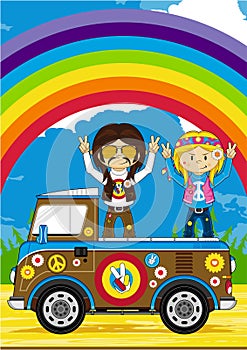 Cartoon Hippies and Camper Van