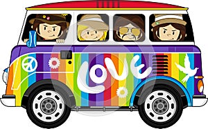 Cartoon Hippies and Camper Van