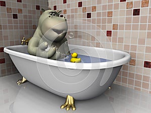 Cartoon hippo in bathtub.