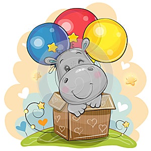 Cartoon Hippo in the box with balloons