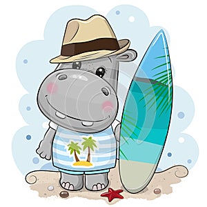 Cartoon Hippo boy with a surfboard on the beach