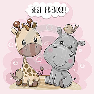 Cartoon Hippo and Giraffe on a pink background