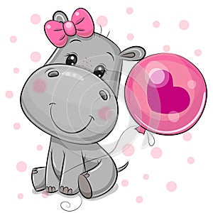 Cartoon Hippo girl with a balloon on a white background photo