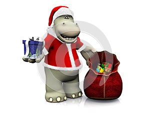 Cartoon hippo handing out Christmas gifts.