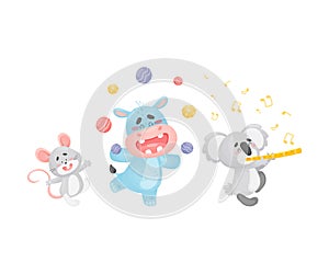 Cartoon hippo, mouse and koala at the parade. Vector illustration on a white background.
