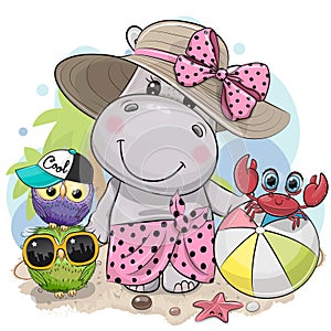 Cartoon Hippo, owls and crab on the beach