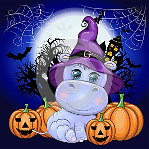 Cartoon hippo with a potion in a purple witch hat and cloak on the background of a castle, pumpkin, moon