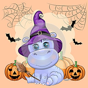 Cartoon hippo with a potion in a purple witch hat and cloak on the background of a castle, pumpkin, moon