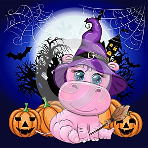Cartoon hippo with a potion in a purple witch hat and cloak on the background of a castle, pumpkin, moon