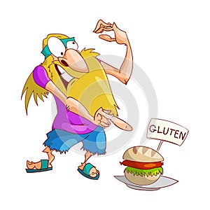 Cartoon hippy upset with gluten