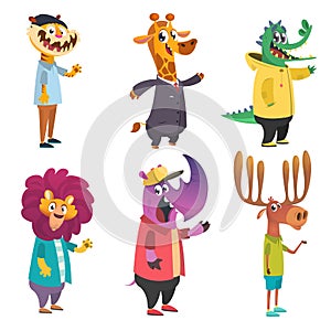 Cartoon hipster animals set. artoon vector illustration. Tiger, giraffe, lion, crocodile, moose, rhino