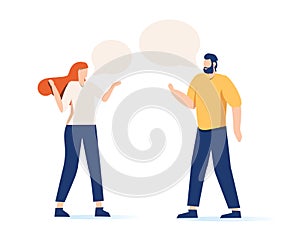 Cartoon hipster man talking to elegant girl with speech bubbles vector flat illustration. Couple having conversation