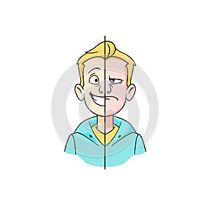 Cartoon hipster young man with half of happy and angry face vector graphic illustration