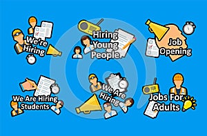 Cartoon we are hiring icon set vector flat illustration job opening badge with industrial workers