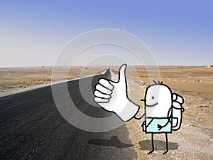 Cartoon Hitchhiker, alone on a desert road photo photo