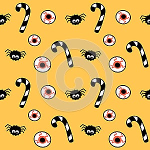 Cartoon holidays seamless vector pattern background illustration with halloween elements: candy cane, spiders and eye ball