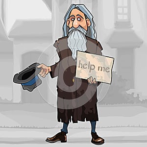 Cartoon homeless gray haired man begs for alms on the street