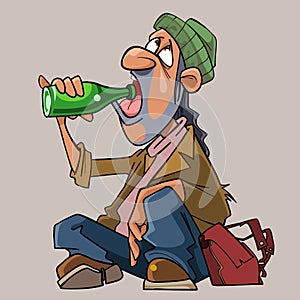 Cartoon homeless man drinks sitting on the ground