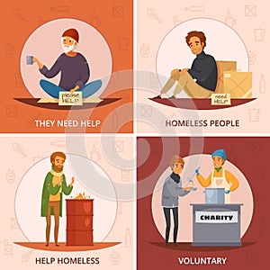 Cartoon Homeless People Icon Set