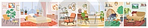 Cartoon homey comfortable home apartment, comfy bed furniture in bedroom, lounge sofa armchair chair table in living