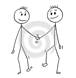 Cartoon of Homosexual Couple of Two Gay Men Walking and Holding Hands