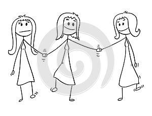 Cartoon of Homosexual Couple of Two Lesbian Women Walking and Holding Hands, One of Them is Also Holding Hand of Another