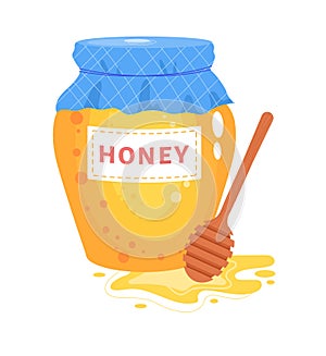 Cartoon honey jar with dipper and flowing honey. Honey in glass pot with blue fabric lid and label vector illustration