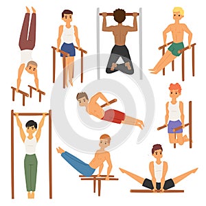 Cartoon horizontal chin-up street workout strong athlete vector man gym doing bar exercise street hard work tricks