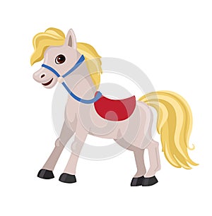 Cartoon horse with a red saddle.