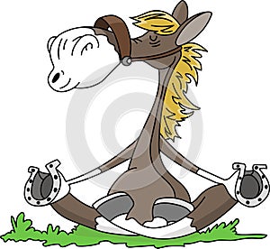Cartoon horse sitting in a lotus position doing yoga vector illustration