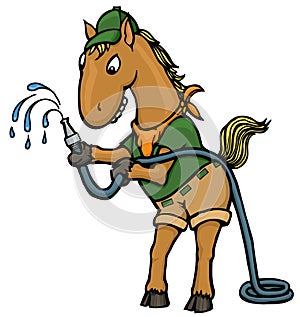 cartoon horse zookeeper with water hose
