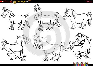 cartoon horses farm animal characters set coloring page
