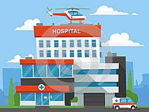 Cartoon hospital building. Emergency clinic, urgent medical help helicopter and ambulance car. Infirmary center vector