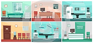 Cartoon hospital room. Medical interiors, doctor office and surgery clinic or hospitals empty waiting room interior vector