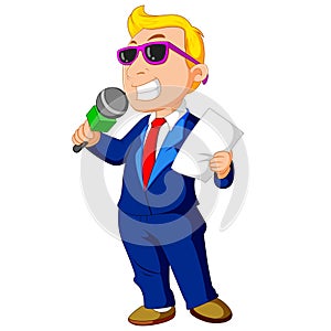 Cartoon host holding a microphone