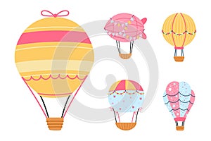 Cartoon hot air balloons isolated clipart. Flying balloon with basket, kids transportation elements. Vector festival