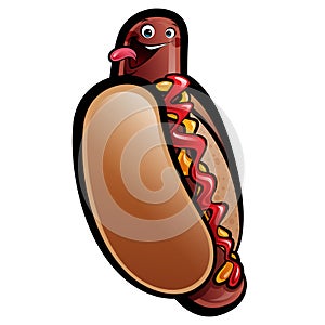 Cartoon hot dog character with ketchup and mustard in bun