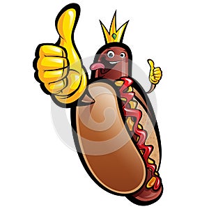 Cartoon hot dog king making a thumbs up gesture