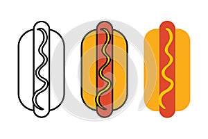 Cartoon hot dog with mustard. Fast food hot dog icon set. Vector illustration