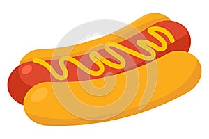 Cartoon hot dog with mustard. Fast food hot dog icon. Vector illustration