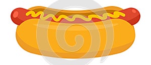 Cartoon hot dog with mustard. Fast food hot dog icon. Vector illustration