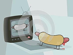Cartoon hot dog vector bun roll sausage with black legs stands on a blue background illustration looks at a TV with a black and wh